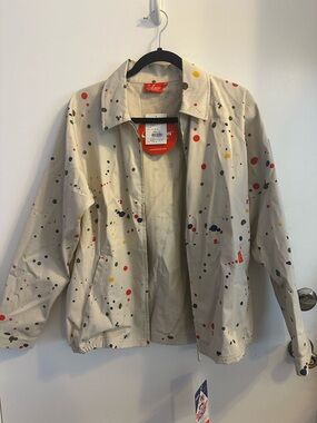 Cookman Cream Utility Jacket with Multicolor Paint Splatter